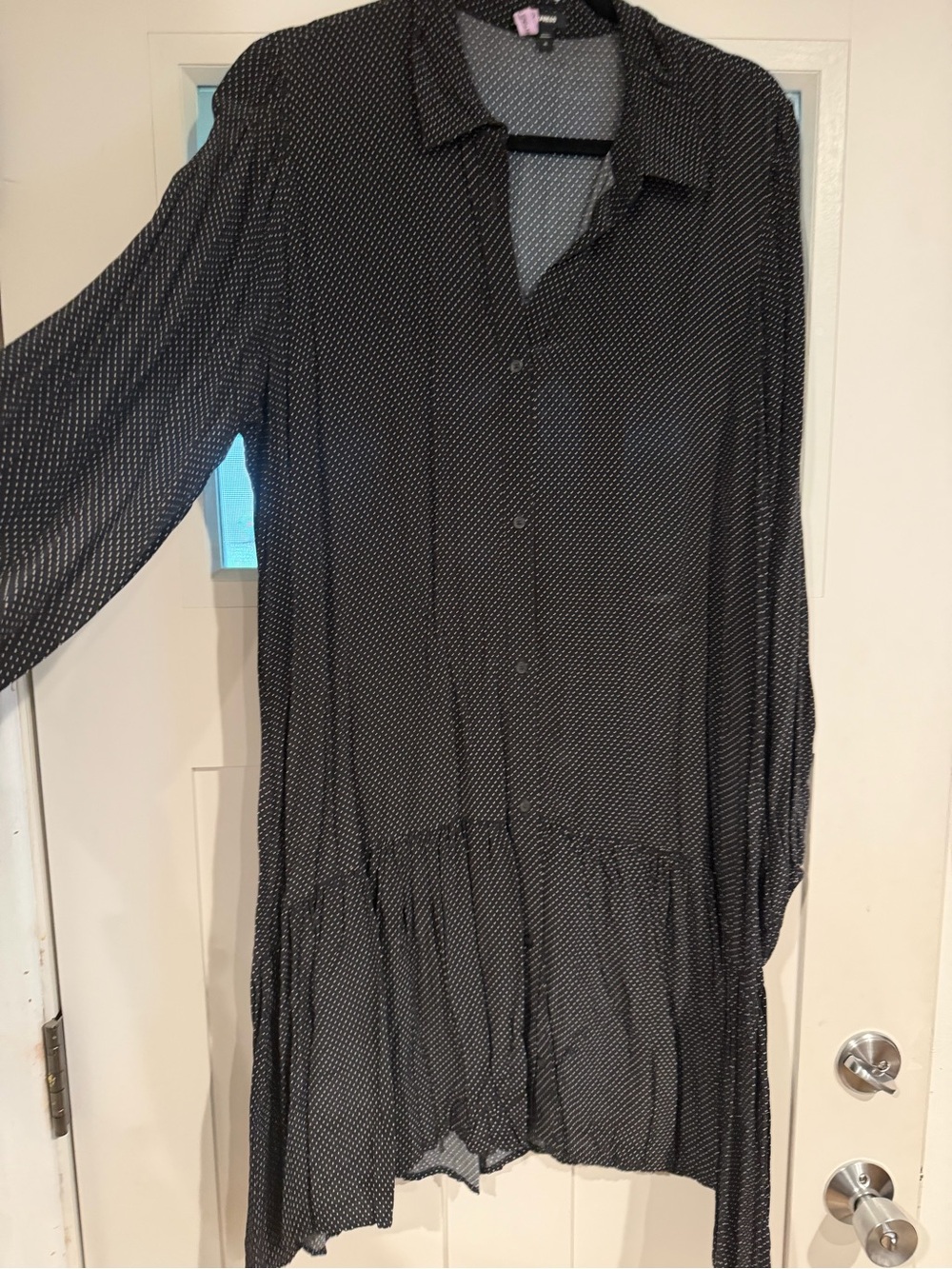 Express Black Dress with White Micro Dot Print, Long Sleeve